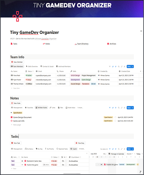 Dashboard Notion Tiny GameDev Organizer montrant les informations d'équipe, les notes, les tâches, les priorités et les vues calendrier